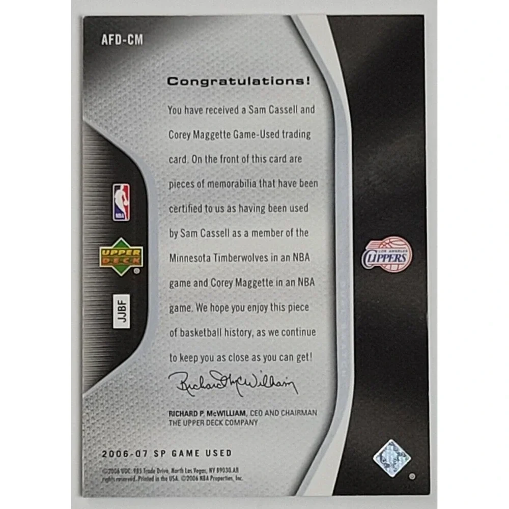 2006-07 UD SP‎ GAME USED SAM CASSELL COREY MAGGETTE AUTHENTIC FABRICS JSY #D 100